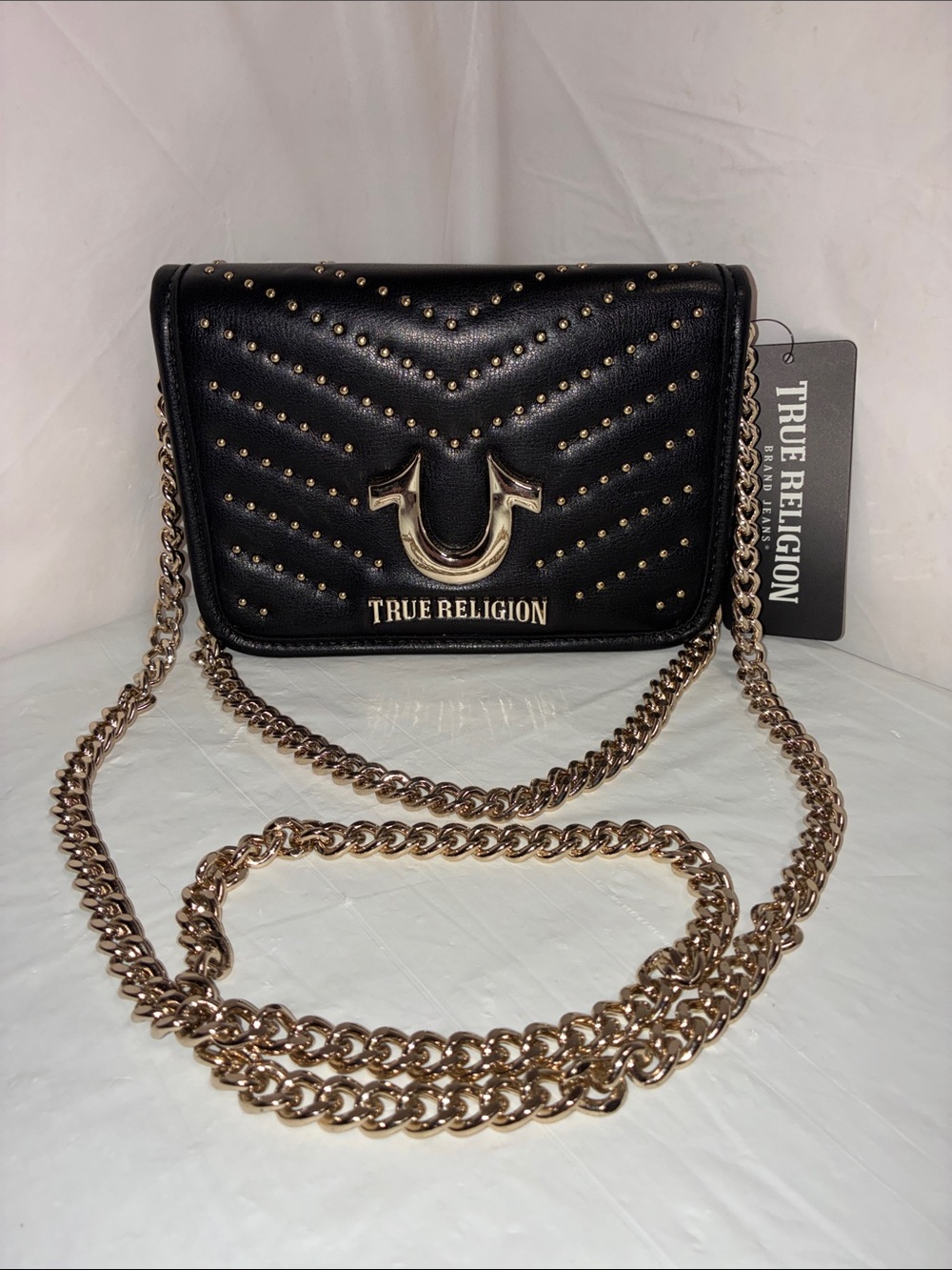 True Religion Black Quilted Studded Crossbody with Gold Chain